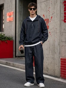 DAZY Spring/Autumn Navy Blue Raw Denim Hooded Jacket With Button Placket, Half-Zip Front, Adjustable Drawstring Hem, Paired With Long Elastic Waist Denim Pants, Men's Denim Set - Blue - View 5