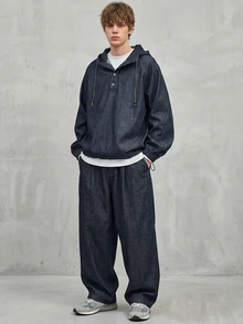 DAZY Spring/Autumn Navy Blue Raw Denim Hooded Jacket With Button Placket, Half-Zip Front, Adjustable Drawstring Hem, Paired With Long Elastic Waist Denim Pants, Men's Denim Set - Blue - View 7