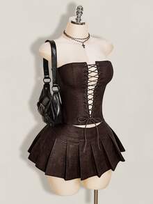 SHEIN ICON 2件組夏季Y2K女款棕色哥德風性感外出交叉式平口上衣與百褶迷你裙 - 摩卡棕 - 查看 4