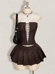 SHEIN ICON 2件組夏季Y2K女款棕色哥德風性感外出交叉式平口上衣與百褶迷你裙 - 摩卡棕 - 查看 13