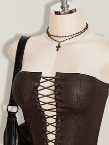 SHEIN ICON 2件組夏季Y2K女款棕色哥德風性感外出交叉式平口上衣與百褶迷你裙 - 摩卡棕 - 查看 11