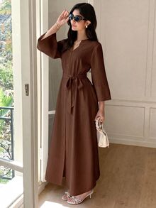 Solavon Women's Solid Color Front Button Arabian Dress - Coffee Brown - View 3
