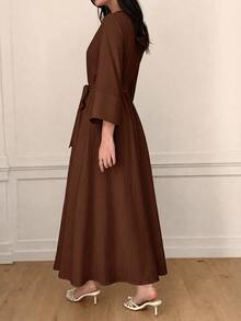 Solavon Women's Solid Color Front Button Arabian Dress - Coffee Brown - View 2