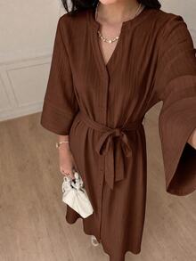 Solavon Women's Solid Color Front Button Arabian Dress - Coffee Brown - View 6