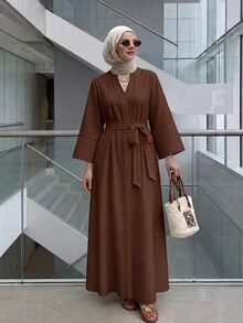 Solavon Women's Solid Color Front Button Arabian Dress - Coffee Brown - View 1