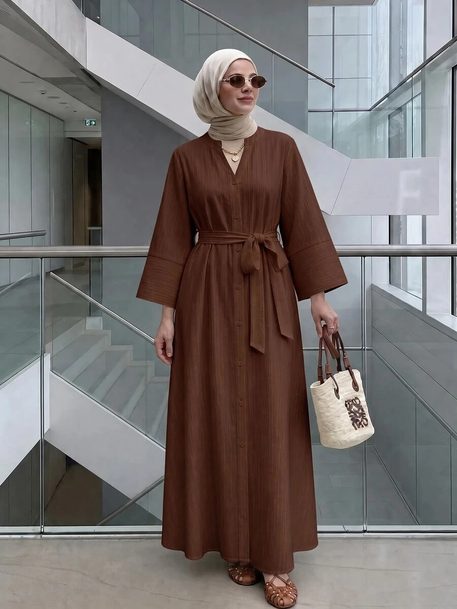Solavon Women's Solid Color Front Button Arabian Dress - Coffee Brown - View 1