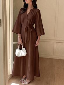 Solavon Women's Solid Color Front Button Arabian Dress - Coffee Brown - View 5