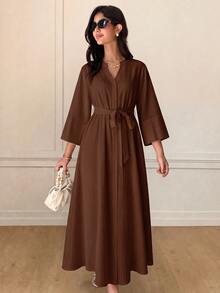 Solavon Women's Solid Color Front Button Arabian Dress - Coffee Brown - View 4
