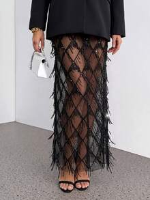 SHEIN Tall Embellished Pencil Maxi Skirt Wedding Reception Beaded Crystal Net Overlay Rhinestone Lattice - Black - View 7