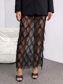 SHEIN Tall Embellished Pencil Maxi Skirt Wedding Reception Beaded Crystal Net Overlay Rhinestone Lattice - Black - View 3