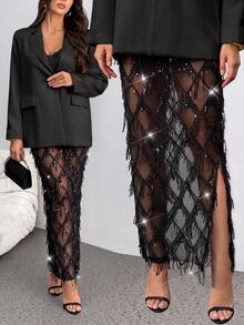SHEIN Tall Embellished Pencil Maxi Skirt Wedding Reception Beaded Crystal Net Overlay Rhinestone Lattice - Black - View 9
