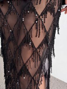 SHEIN Tall Embellished Pencil Maxi Skirt Wedding Reception Beaded Crystal Net Overlay Rhinestone Lattice - Black - View 10