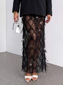 SHEIN Tall Embellished Pencil Maxi Skirt Wedding Reception Beaded Crystal Net Overlay Rhinestone Lattice - Black - View 4