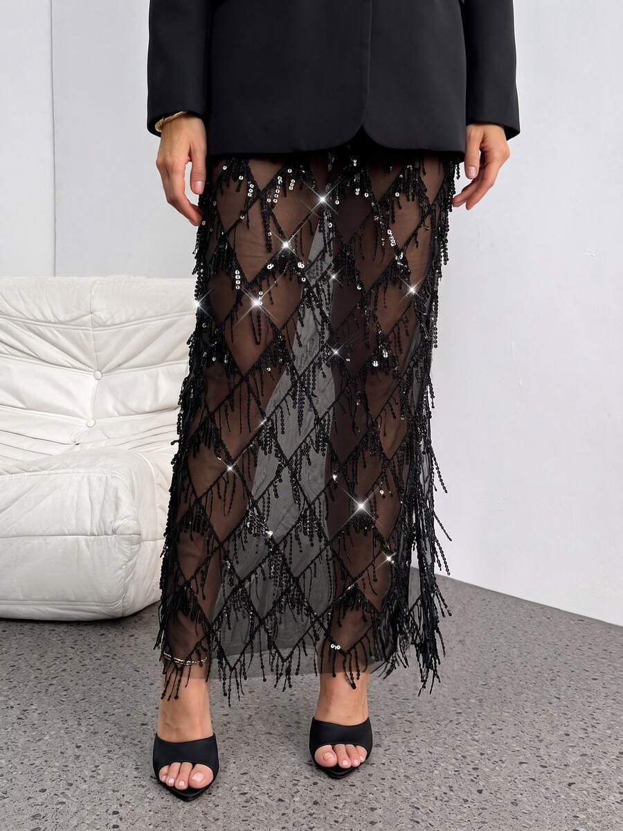 SHEIN Tall Embellished Pencil Maxi Skirt Wedding Reception Beaded Crystal Net Overlay Rhinestone Lattice - Black - View 1