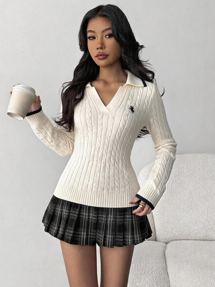 Teen Girl Striped V-Collar College Style Contrast Color Knit Fitted Comfortable Pullover Sweater Fall/Winter - White - View 10