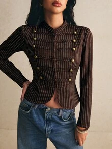 Poéselle 女款棕色細條紋軍裝夾克，修身立領拉鍊西裝外套，金色鈕扣裝飾拿破崙夾克，復古秋冬服飾 - 棕色 - 查看 8