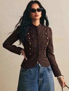 Poéselle 女款棕色細條紋軍裝夾克，修身立領拉鍊西裝外套，金色鈕扣裝飾拿破崙夾克，復古秋冬服飾 - 棕色 - 查看 7
