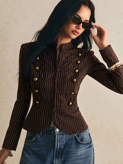 Poéselle Women's Brown Pinstripe Military Jacket – Fitted Stand Collar Zip-Up Blazer With Gold Button Detail Napoleon Jacket Vintage Fall/Winter Autumn Clothes