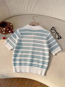 SHEIN EZwear 返校季熱門小眾大學風休閒學院風爆紅熊系列超可愛 Polo 領短袖早午餐綠色與白色條紋夏季上衣 - 彩色 - 查看 2