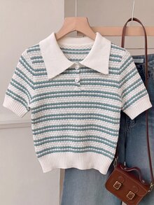 SHEIN EZwear 返校季熱門小眾大學風休閒學院風爆紅熊系列超可愛 Polo 領短袖早午餐綠色與白色條紋夏季上衣 - 彩色 - 查看 3