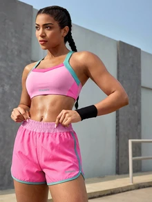 Powerista Women's Contrast Color Splice Halter Top And Shorts Sports Suit - Pink - View 8