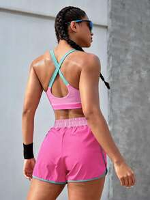 Powerista Women's Contrast Color Splice Halter Top And Shorts Sports Suit - Pink - View 3