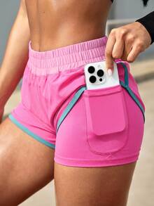 Powerista Women's Contrast Color Splice Halter Top And Shorts Sports Suit - Pink - View 5