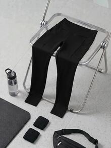 SHEIN Cheerettes Women's Solid Color Casual Versatile Daily Wear Sports Leggings - Black - View 3