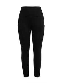 SHEIN Cheerettes Women's Solid Color Casual Versatile Daily Wear Sports Leggings - Black - View 4