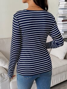 SHEIN 孕婦條紋休閒長袖T恤，適合日常穿著，秋季款 - 藏蓝色 - 查看 6