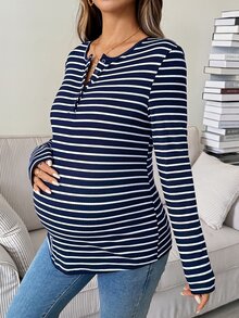 SHEIN 孕婦條紋休閒長袖T恤，適合日常穿著，秋季款 - 藏蓝色 - 查看 5