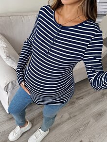 SHEIN 孕婦條紋休閒長袖T恤，適合日常穿著，秋季款 - 藏蓝色 - 查看 3