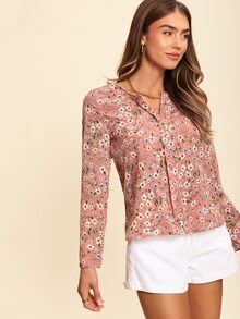 Coeurva Ditsy Floral Print Fold Pleated Detail Beach Summer Blouse - Dusty Pink - View 5