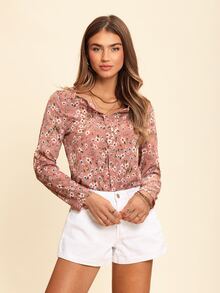Coeurva Ditsy Floral Print Fold Pleated Detail Beach Summer Blouse - Dusty Pink - View 2