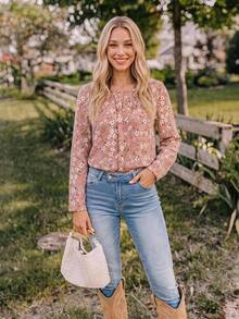 Coeurva Ditsy Floral Print Fold Pleated Detail Beach Summer Blouse - Dusty Pink - View 1