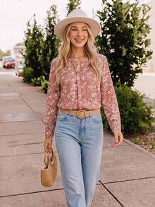 Coeurva Ditsy Floral Print Fold Pleated Detail Beach Summer Blouse - Dusty Pink - View 7