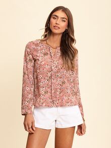 Coeurva Ditsy Floral Print Fold Pleated Detail Beach Summer Blouse - Dusty Pink - View 4