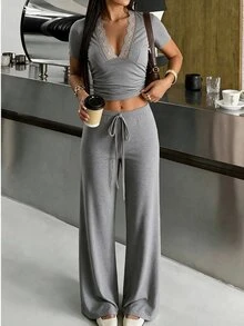 SHEIN Glamour Women 2 Pieces Outfit Lace Trim V‑Neck Short Sleeve Crop Top Drawstring Wide Leg Pants Set Fall Coquette Loungewear Casual Going‑Out Matching Two Pieces - Light Grey - View 5