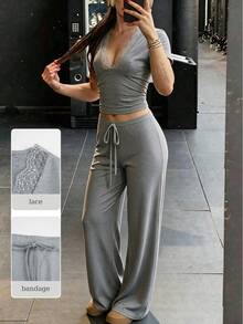 SHEIN Glamour Women 2 Pieces Outfit Lace Trim V‑Neck Short Sleeve Crop Top Drawstring Wide Leg Pants Set Fall Coquette Loungewear Casual Going‑Out Matching Two Pieces - Light Grey - View 3