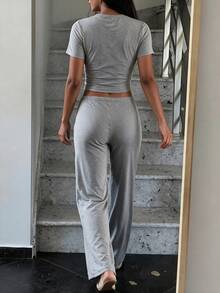 SHEIN Glamour Women 2 Pieces Outfit Lace Trim V‑Neck Short Sleeve Crop Top Drawstring Wide Leg Pants Set Fall Coquette Loungewear Casual Going‑Out Matching Two Pieces - Light Grey - View 2