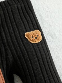SHEIN 男嬰 0-3歲 秋冬 3件組 羅紋布料長褲 米色、棕色、黑色 熊圖案補丁 上學、玩耍、購物 - 彩色 - 查看 4