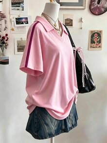 Lalippa 編織肩帶工藝時尚簡約女款翻領V領落肩短袖T恤，送友禮物 - 粉色 - 查看 4