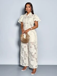 SOLERSUN Áo sơ mi tay ngắn cài nút phía trước lãng mạn thanh lịch dành cho nữ và quần ống rộng Bộ 2 món thường ngày, họa tiết hoa mùa xuân/hè để đi chơi, đi nghỉ - Màu be - Xem 3