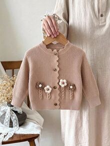 SHEIN 女童純色3D花朵針織休閒開襟衫 - 彩色 - 查看 2