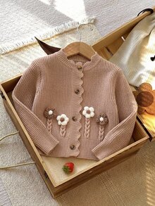 SHEIN 女童純色3D花朵針織休閒開襟衫 - 彩色 - 查看 3
