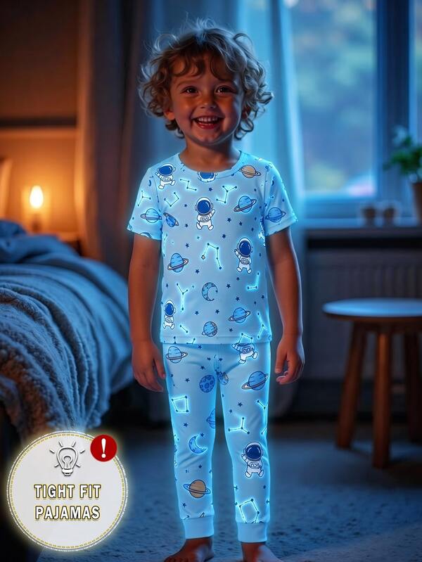 [2 Sets Randomly Sent]Boys' Summer Short Sleeve Long Pants Tight Fit Pajama Set, Blue Tones Astronaut Space Planet Moon Rocket Cartoon Print Pattern Combination, Comfortable Soft Fabric, Soft Skin-Friendly, Thin Playful Space Style, Casual Home Wear, Daily Outings And Play Snug Fit