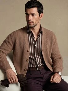 Lornavo Men's Wool Blend Crew Neck Cable Knit Cardigan Solid Color Casual Long Sleeve Single-Breasted Casual Versatile Knit Cardigan For Daily Wear Autumn - Khaki - View 3