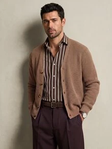 Lornavo Men's Wool Blend Crew Neck Cable Knit Cardigan Solid Color Casual Long Sleeve Single-Breasted Casual Versatile Knit Cardigan For Daily Wear Autumn - Khaki - View 8