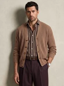 Lornavo Men's Wool Blend Crew Neck Cable Knit Cardigan Solid Color Casual Long Sleeve Single-Breasted Casual Versatile Knit Cardigan For Daily Wear Autumn - Khaki - View 5
