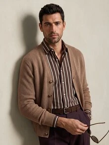 Lornavo Men's Wool Blend Crew Neck Cable Knit Cardigan Solid Color Casual Long Sleeve Single-Breasted Casual Versatile Knit Cardigan For Daily Wear Autumn - Khaki - View 4